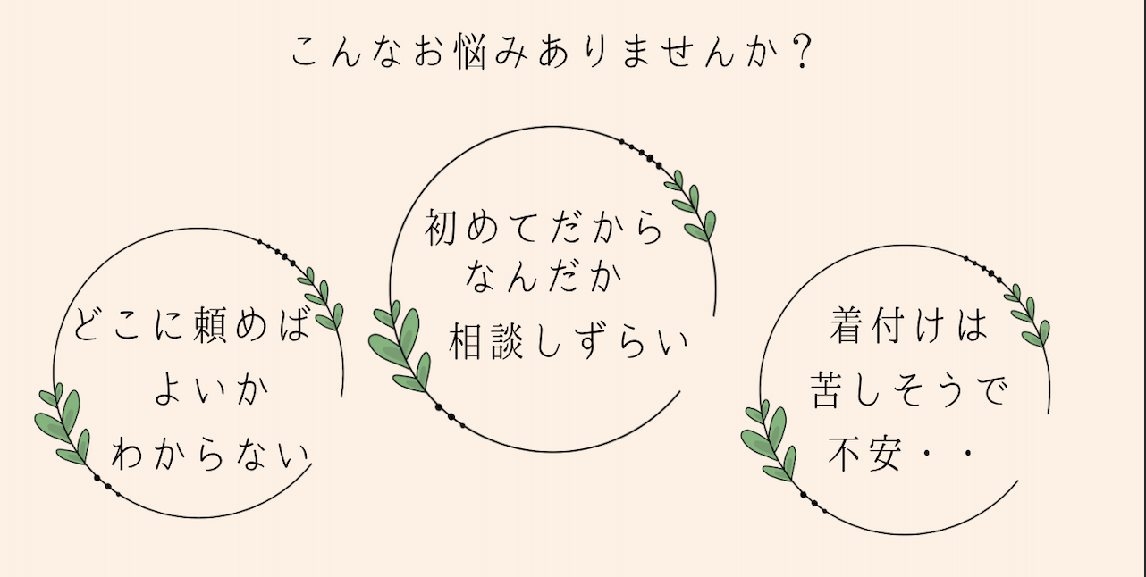 こんなお悩みありませんか？ どこに頼めばよいかわからない、初めてだからなんだか相談しづらい、着付けは苦しそうで不安